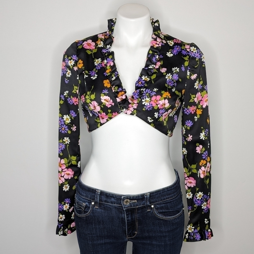 Vintage black purple pink floral cropped jacket XS/S